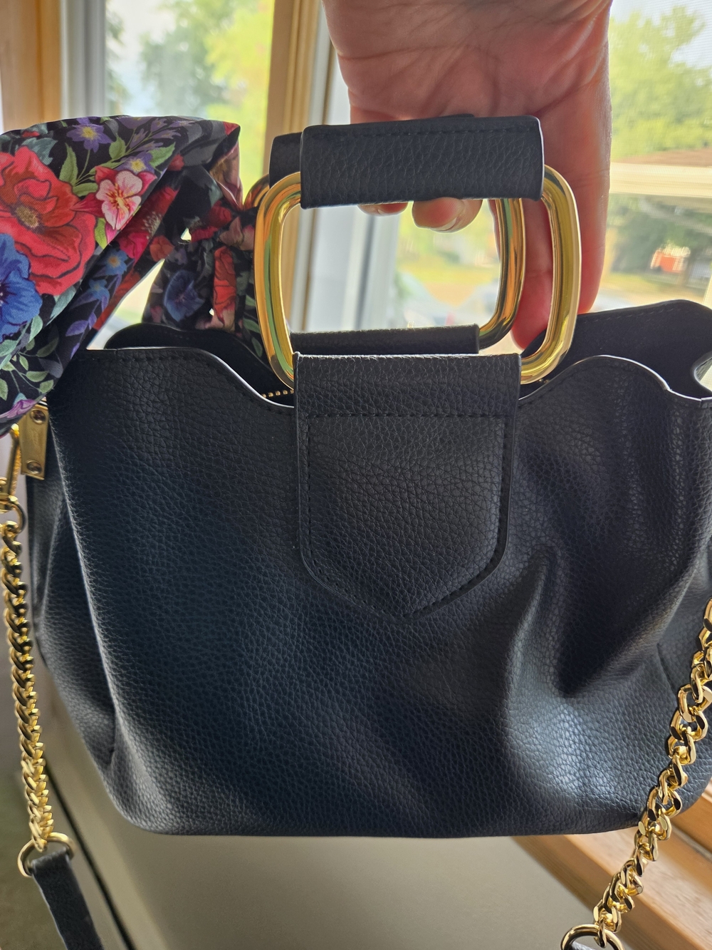 Black Pebbled Leather Tote with Gold Handles and Floral Scarf